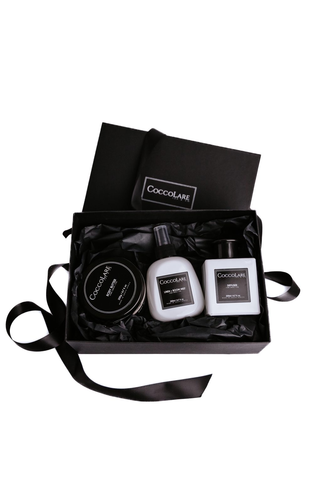 The Ultimate Indulgence Collection - Coccolare Lux and Co Includes: A Body Butter 200g, a Linen & Room Mist, 200ml (White) and a Cube, Diffuser, 200ml (White)